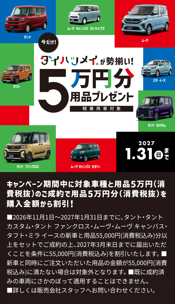キャンペーン期間中に対象車種と用品5万円（消費税抜）のご成約で用品5万円分（消費税抜）を購入金額から割引!